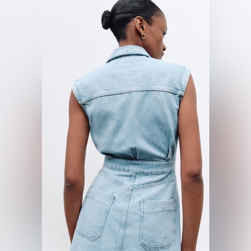 Zara NWT Light Wash Denim Mini Dress Button Front Utility Size L - Picture 4 of 5